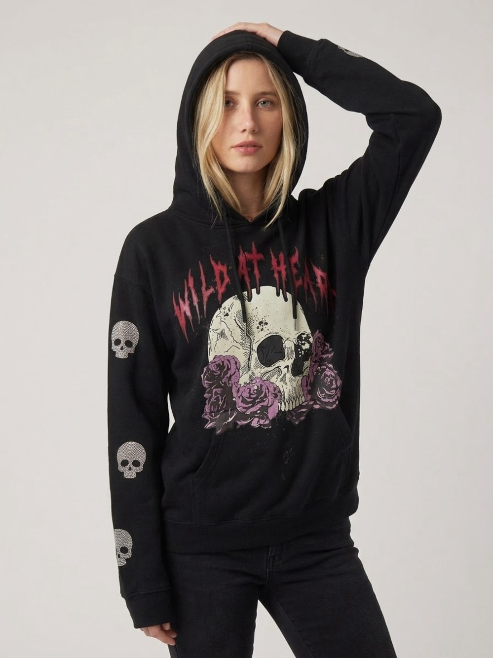 No Boundaries Wild At Heart Graphic Hoodie Rhinestone Skull XS